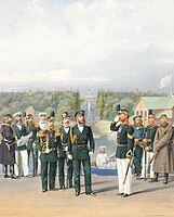 Офицеры и нижние чины Гвардейского Морского Экипажа на фоне дворца в Петергофе, 1862-1873 гг.