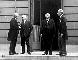 "The Big Four" made all the major decisions at the Paris Peace Conference (from left to right, David Lloyd George of Britain, Vittorio Emanuele Orlando of Italy, Georges Clemenceau of France, Woodrow Wilson of the U.S.) Council of Four Versailles.jpg