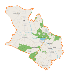 Mapa konturowa gminy Borki, po prawej nieco na dole znajduje się punkt z opisem „Maruszewiec Nowy”