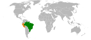 Mapa indicando localização do Brasil e do Peru.