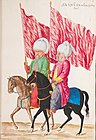 Striscioni rossi semplici per il seguito del Sultano. Dal libro dei costumi turchi di Lambert de Vos, 1574