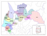 Mapa da região Brong-Ahafo; Sunyani encontra-se no centro-oeste, de cor verde clara