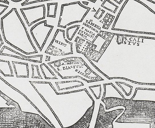 Kyrkorna San Biagio dei Velli (S. BLASIVS) och San Lorenzo de Curtibus (S. LORENCINVS) på Leonardo Bufalinis karta över Rom från år 1551. Även Santa Maria in Trastevere (S. MARIA EXTRA TIBERIN) och San Callisto (S. CALISTVS) är markerade.