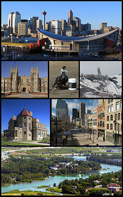 From top left: Scotiabank Saddledome and Downtown Calgary, SAIT Polytechnic , Calgary Stampede, Canada Olympic Park , Lougheed House, Stephen Avenue, Calgary Zoo