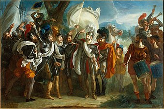 Tableau représentant Henri IV entouré de ses soldats et montrant du doigt son panache blanc.