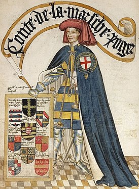 Роджер Мортимер, 2-й граф Марч.Иллюстрация из «Bruges Garter Book» (ок. 1430 года)