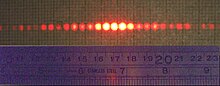 A diffraction pattern of a 633 nm laser through a grid of 150 slits Diffraction 150 slits.jpg