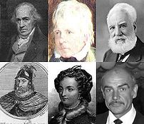 Collage of images representing the :en:Scottish people. Up (from left to right): :en:James Watt, :en:Walter Scott, :en:Alexander Graham Bell. Down: :en:William Wallace, :en:Mary I of Scotland, :en:Sean Connery.