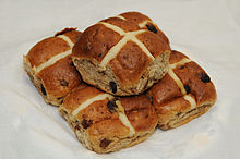 Hot cross buns are traditionally toasted and eaten on Good Friday in Britain, Canada, Australia and New Zealand. Hot cross bun.jpg