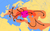 Left: The Kurgan hypothesis on Indo-European migrations between 4000 and 1000 BCE; right: The geographical spread of the Indo-European languages at 500 CE, with Sanskrit in South Asia