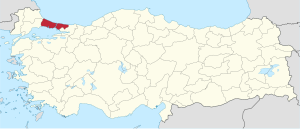 Istanbul highlighted in red on a beige political map of Turkeym