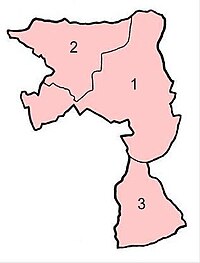 Extent of the King's Norton and Northfield Urban District, 1898-1911, showing the boundaries of its constituent civil parishes of King's Norton, Northfield and Beoley; numbered 1, 2 