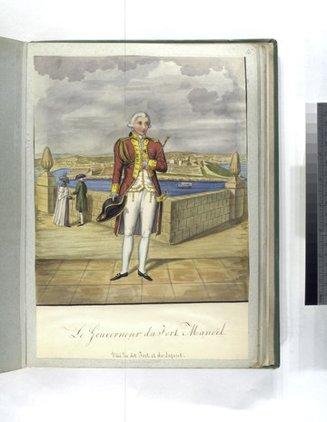 Картина 18-го века, изображающая госпитальера-губернатора форта Маноэль, на фоне самого форта