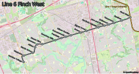 A geographic map of Line 6 Finch West, indicating all stops on the route.