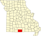 Mapa de Misuri con la ubicación del condado de Ozark