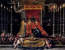 Maria Luisa, Queen of Spain lying in state, by Sebastian Munoz, 1689, displays the full panoply of lying in state Marie Louise of Orleans, Queen of Spain, lying in state (1689), by Sebastian Munoz.JPG