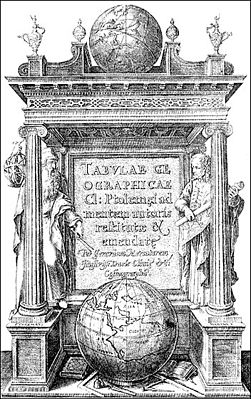 Обложка Географии Птолемея, 1578 год. Фигуры по бокам глобуса — Птолемей и Марин Тирский.