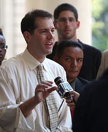 Mark D. Levine speaking to NY1 at press conference.jpg