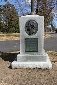 The bronze profile of the Marquis de Lafayette originally from the Memorial in Monument Cemetery in Philadelphia.[12] It was originally dedicated in 1869 and moved to Lawnview Cemetery in 1956