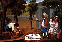 Una representación de mestizos en una "Pintura de Castas" de la era colonial. "De español e india produce mestizo". Los mestizos eran un grupo marginado[cita requerida] pero amplio en la vida colonial.