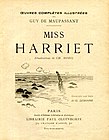 Miss Harriet de Maupassant, couverture jaune pâle avec dessin à l'encre d'une silhouette féminine marchant le long d'une plage.