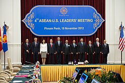 Delegates of the ASEAN Summit pose for a photograph at the Peace Palace in Phnom Penh, Cambodia, on 19 November 2012. Obama and ASEAN leaders at Peace Palace.jpg