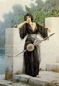 Beauté orientale avec instrument à cordes, date inconnue.