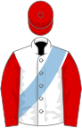 White, light blue sash, red sleeves and cap