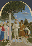 皮耶羅·德拉·弗朗切斯卡的《耶穌受洗（英語：The Baptism of Christ (Piero della Francesca)）》，167 × 116cm，約作於1450年，自1861年起收藏[18]