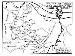 Carte représentant les puits de mine ouverts à Fresnes-sur-Escaut et dans les communes avoisinantes par la Compagnie des mines d'Anzin et les sociétés qui l'ont précédé.