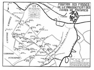 Carte schématique des puits de mine ouverts sur le territoire de Fresnes-sur-Escaut, en date du 15 septembre 1868, et réactualisée avec des dates de fermeture du début du vingtième siècle.