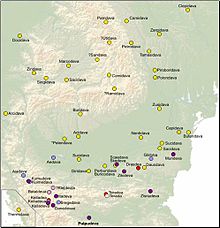 Onomastic range of the Dacian towns with the dava ending, covering Dacia, Moesia, Thrace and Dalmatia