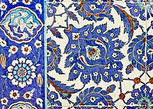 Details of tiles at the Rustem Pasha Mosque (circa 1561), with early use of the "tomato red" colour Tiles of the Rustem Pasa Mosque (6424912727).jpg