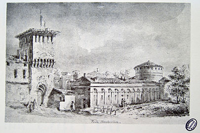 La porte Montoulieu et le rempart gallo-romain (par Ferdinand Mazzoli, Le Vieux Toulouse disparu, 1885).