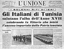 Italian newspaper in Tunisia from October 1938 that represented Italians living in the French protectorate of Tunisia Unione tunisi 31octobre1938.jpg