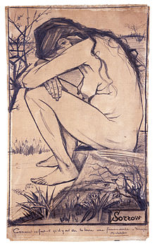 Sorrow, dessin de Vincent van Gogh (1882, The New Art Gallery, à Walsall). Le peintre y a ajouté une citation de Jules Michelet : « Comment se fait-il qu'il y ait sur la terre une femme seule ? ». (définition réelle 2 336 × 3 691)