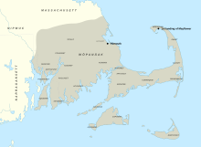 Territories of the Wampanoag people around 1620, between first European explorations of the Acushnet River in 1602 and the establishment of Old Dartmouth in 1652. Wopanaak Nation c 1620-01.svg