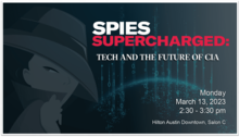 The Central Intelligence Agency's graphic for its "Spies Supercharged" panel at South by Southwest 2023 "Spies Supercharged" Panel banner.png