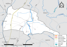 Carte en couleur présentant le réseau hydrographique de la commune