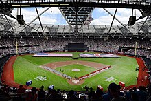 A pre-game photo of second game of the 2019 season of 2019 MLB London Series between the New York Yankees and the Boston Red Sox 190630-F-QP712-0092 U.S. Airmen present colors at MLB London Series.jpg