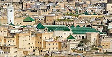 al-Qarawiyyin, founded in Fes in the 9th century, was a major spiritual, literary, and intellectual centre. 29610-Fez (28134041211) (qarawiyyin crop).jpg