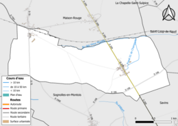 Carte en couleur présentant le réseau hydrographique de la commune