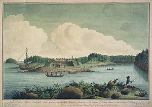 Северный вид на форт Фредерик, построенный по приказу достопочтенного. Полковник Роберт Монктон у входа в реку Сент-Джон в заливе Фанди, 1758 год, автор - лейтенант Томас Дэвис из Национальной галереи Канады (№ 6269) .jpg