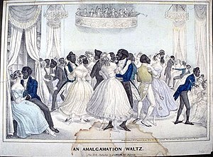 Drawing of black men and white women waltzing in a ballroom in formal attire.