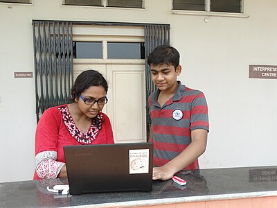 Ananya Mondal is showing a new user (Archisman Guha Roy) how to create an account in Wikipedia.Prakiti Tirtha (New Town Eco Park butterfly garden),Kolkata