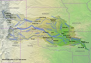 Mapa da bacia do rio Arkansas, destacando o rio Cimarron