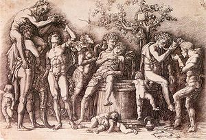 Bacchanal with vat, engraving