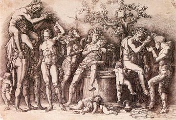 Bacchanal with a wine vat Engraving by Mantegna, c1475, 278 x 422 mm