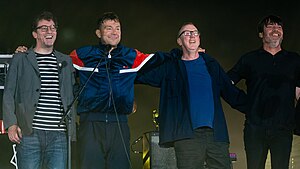 Blur at Wembley Stadium in 2023. From left to right: Graham Coxon, Damon Albarn, Dave Rowntree and Alex James