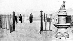 "Exit the 'Brown Dog'": The Daily Graphic, 11 March 1910, shows the empty spot where the Brown Dog had stood. Brown Dog, 11 March 1910 (cropped).jpg